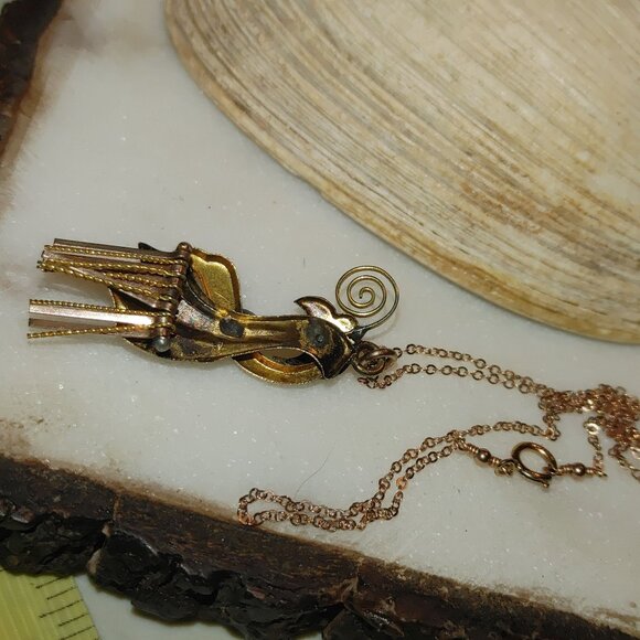 Vintage 12K Gold Moveable Intricate Pendant Necklace 14K GF Chain Pearl Accents - Picture 7 of 16